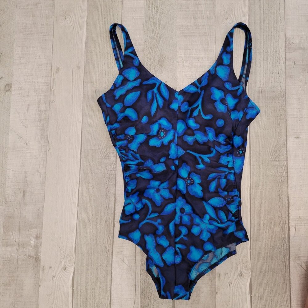 Gottex Womens Floral One-Piece Swimsuit Blue & Black Size 12